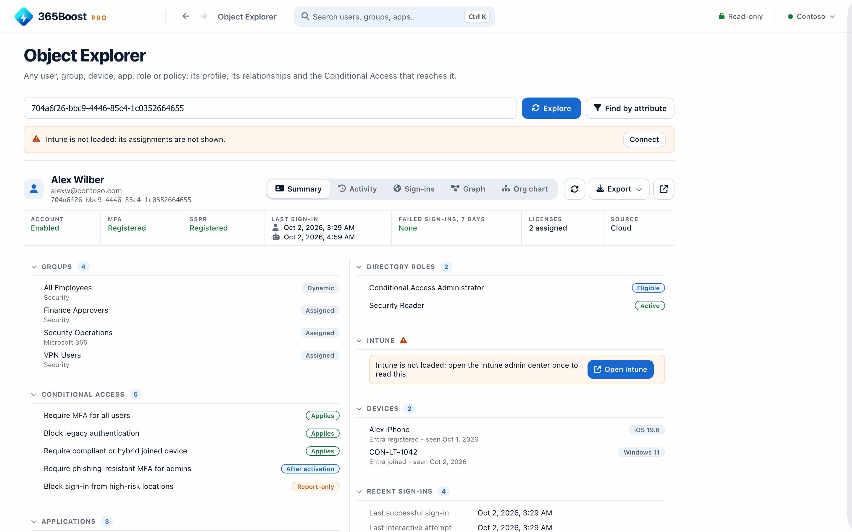 Object Explorer summary of a user: groups, roles, Conditional Access, applications and sign-ins